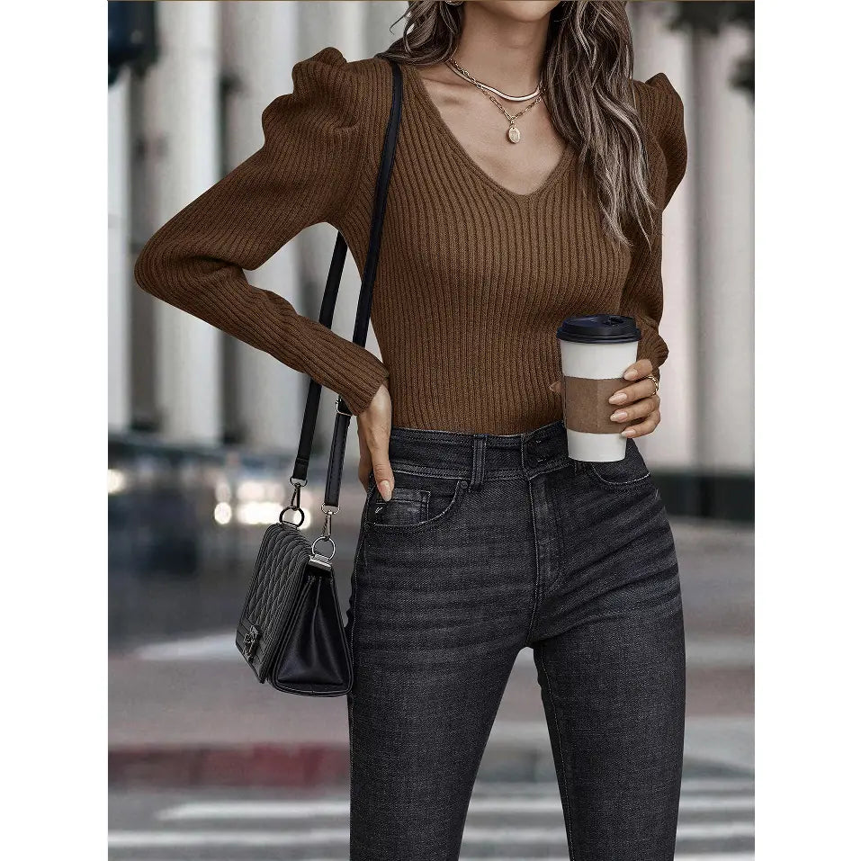 Ribbed Knit Puff Sleeve Sweater Top