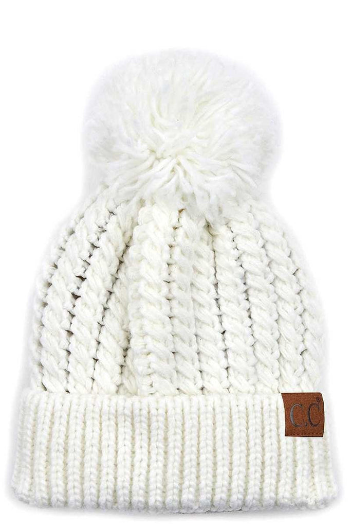 CC Beanie Twisted Mock Cable Beanie Hat with pom IVORY