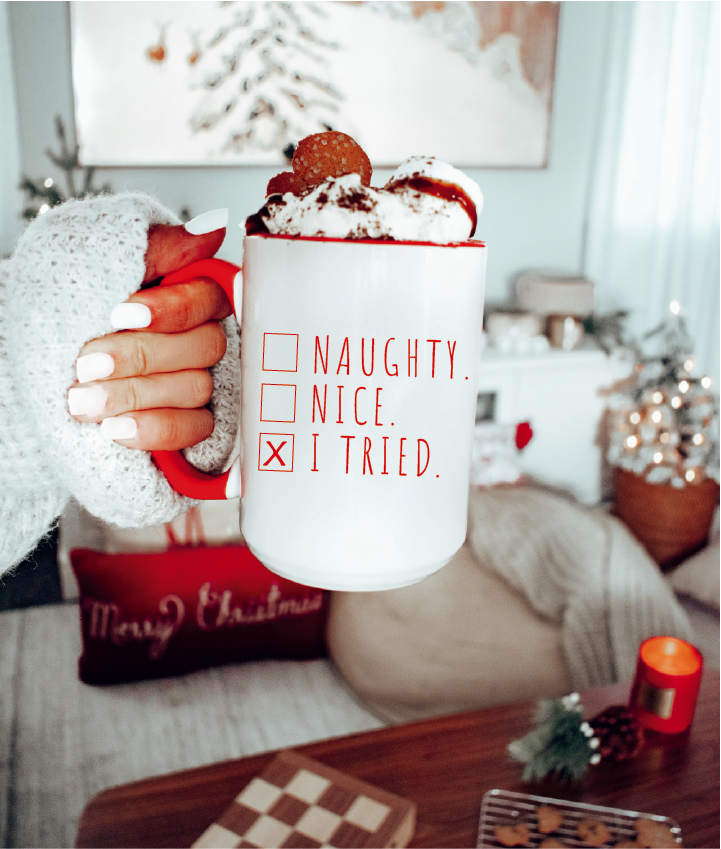 Naughty Nice I Tried 15oz Christmas Mug Red Handle