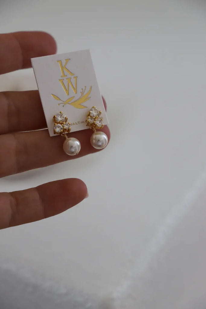 DAHLIA CZ PEARL STUDS: Yellow Gold