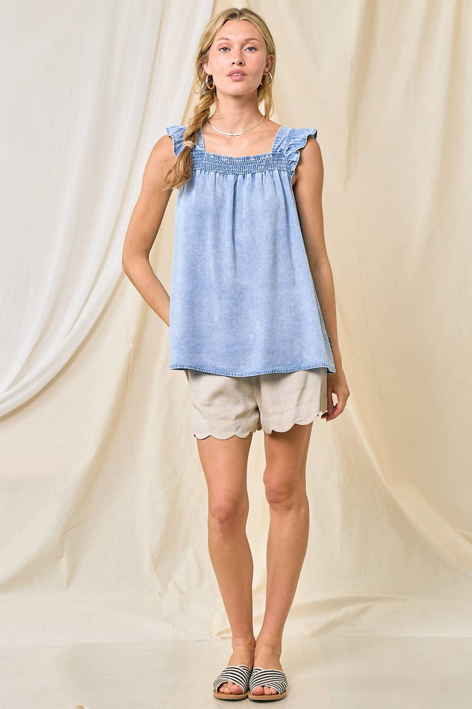 Denim Smocked Tank Top W Ruffle Detail