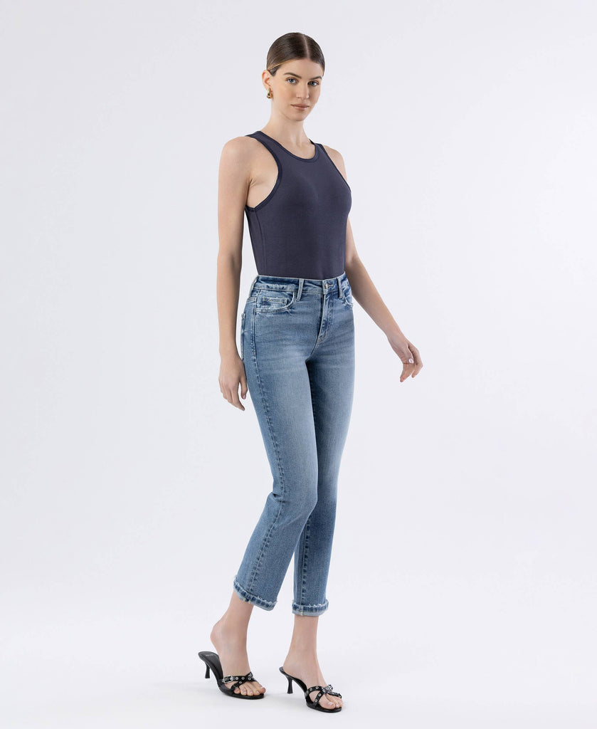 HIGH RISE CUFFED SLIM STRAIGHT JEANS