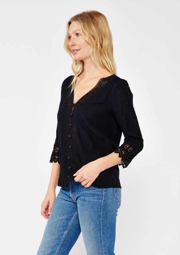 Ellie Sleeve V-Neck Button Down Blouse : Vanilla