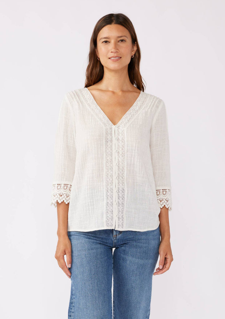 Ellie Sleeve V-Neck Button Down Blouse : Vanilla