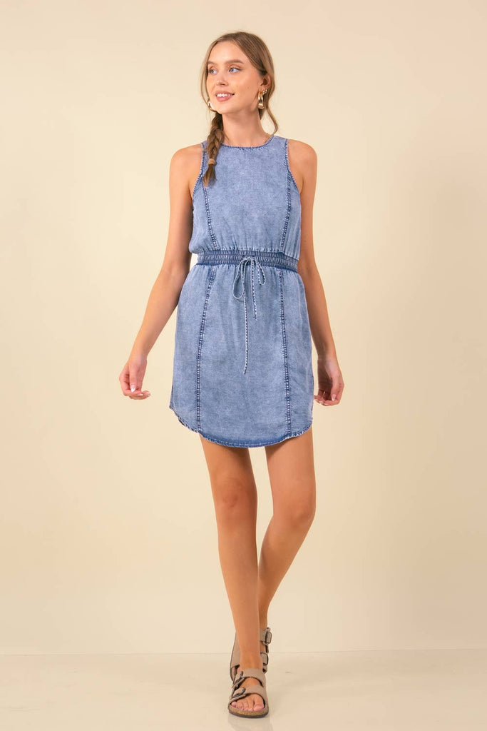 WAIST DRAWSTRING SLEEVELESS DENIM DRESS