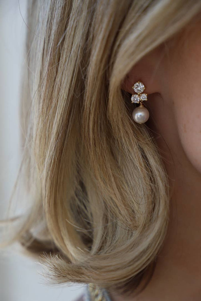 DAHLIA CZ PEARL STUDS: Yellow Gold