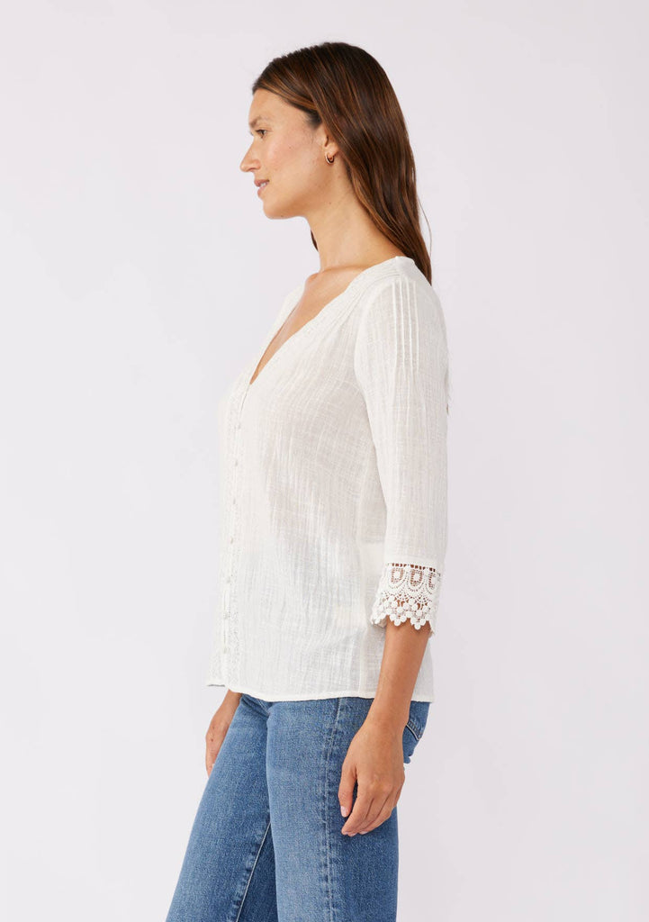Ellie Sleeve V-Neck Button Down Blouse : Vanilla
