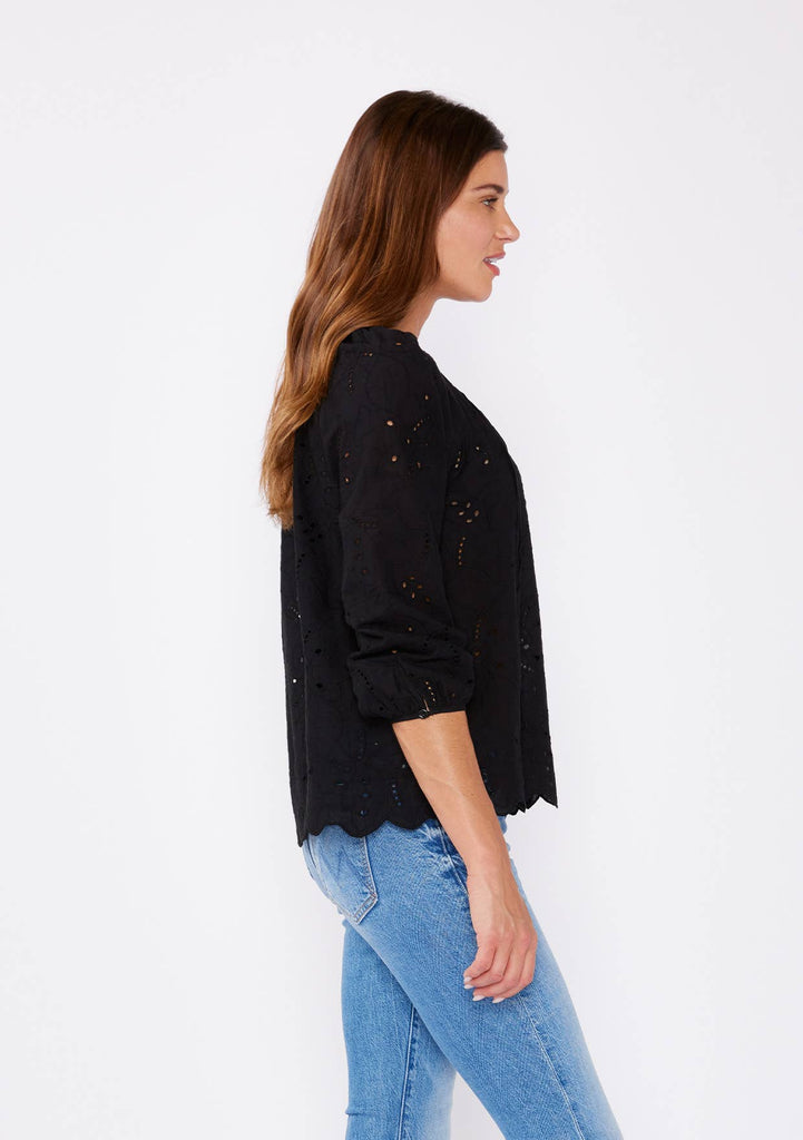 Raglan Long Sleeve Blouse with Floral Eyelet Details: Black