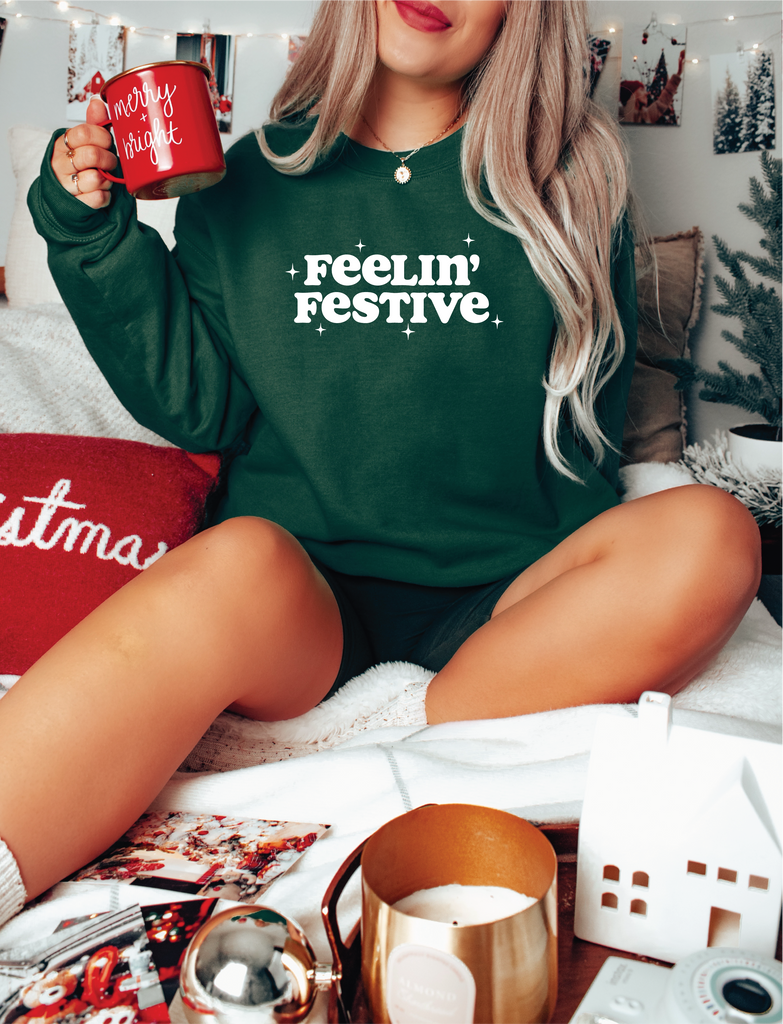 FEELIN' Festive Classic Crew Sweater: Forest Sweater & White Font