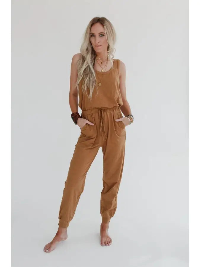 Set To Go Textured Jumpsuit and Cardigan Set - Camel  (ITEMS SOLD SEPARATELY)