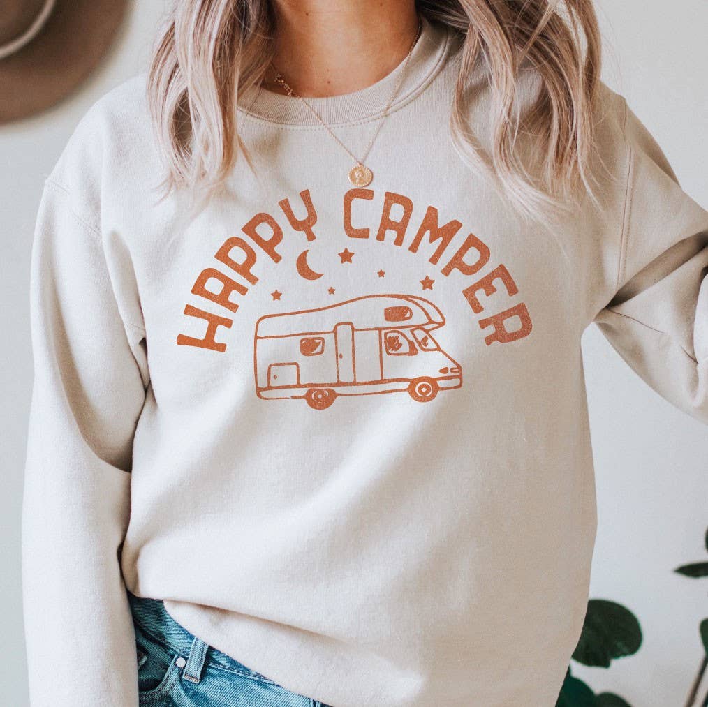 HAPPY CAMPER Graphic Sweatshirt: HEATHER DUST