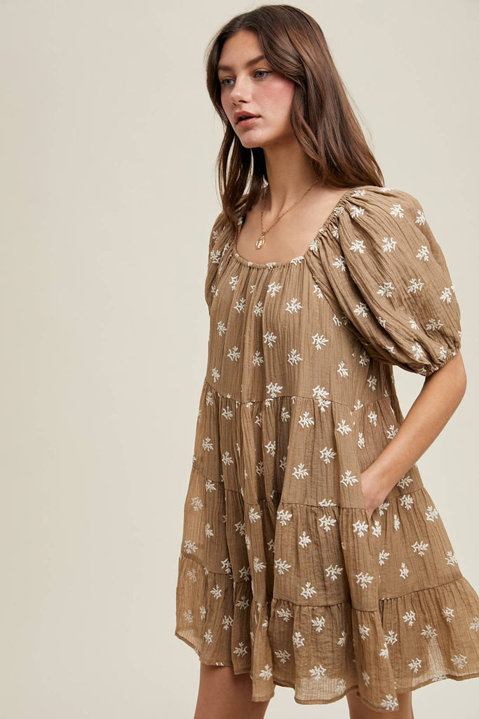 FLORAL EMBROIDERED TIERED MINI DRESS
