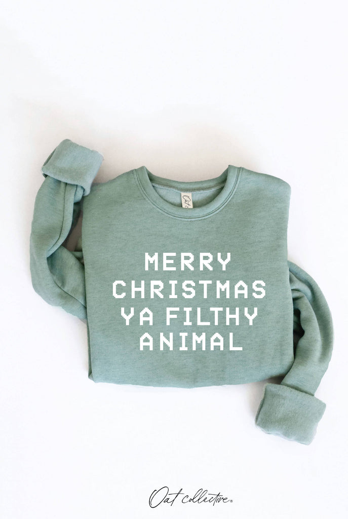 MERRY CHRISTMAS YA FILTHY ANIMAL Graphic Sweatshirt: DARK H.SAGE