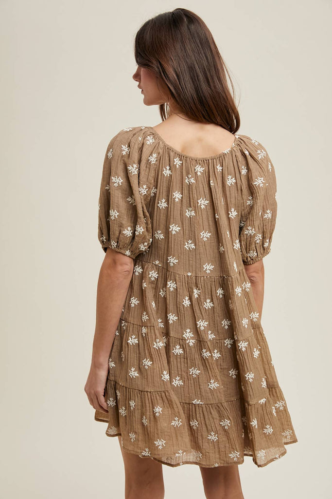 FLORAL EMBROIDERED TIERED MINI DRESS