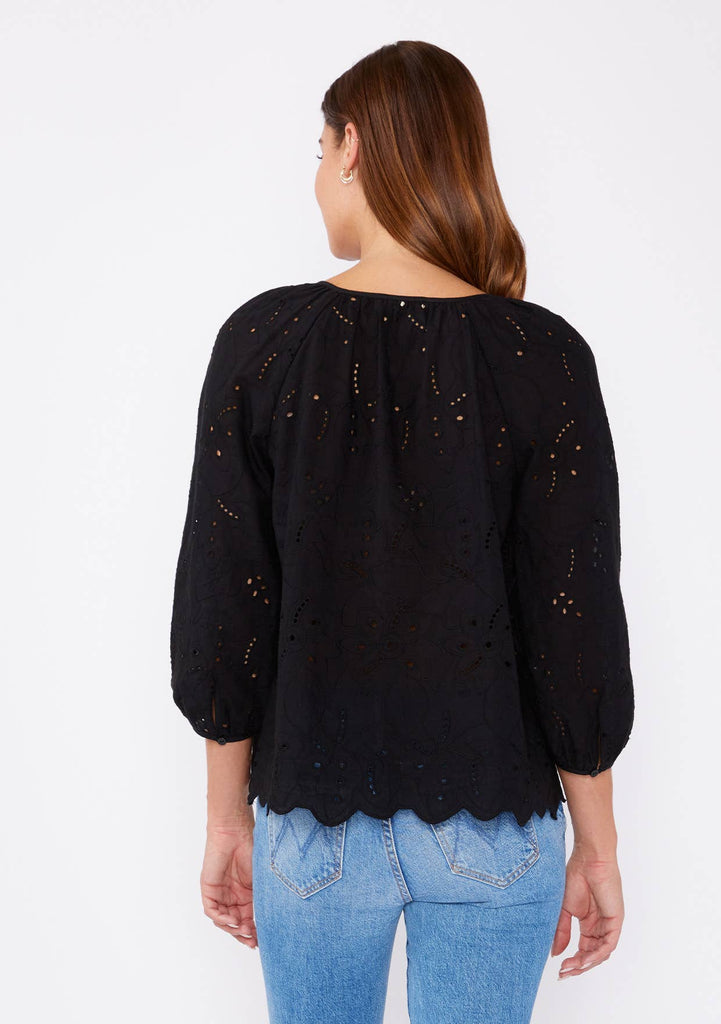 Raglan Long Sleeve Blouse with Floral Eyelet Details: Black