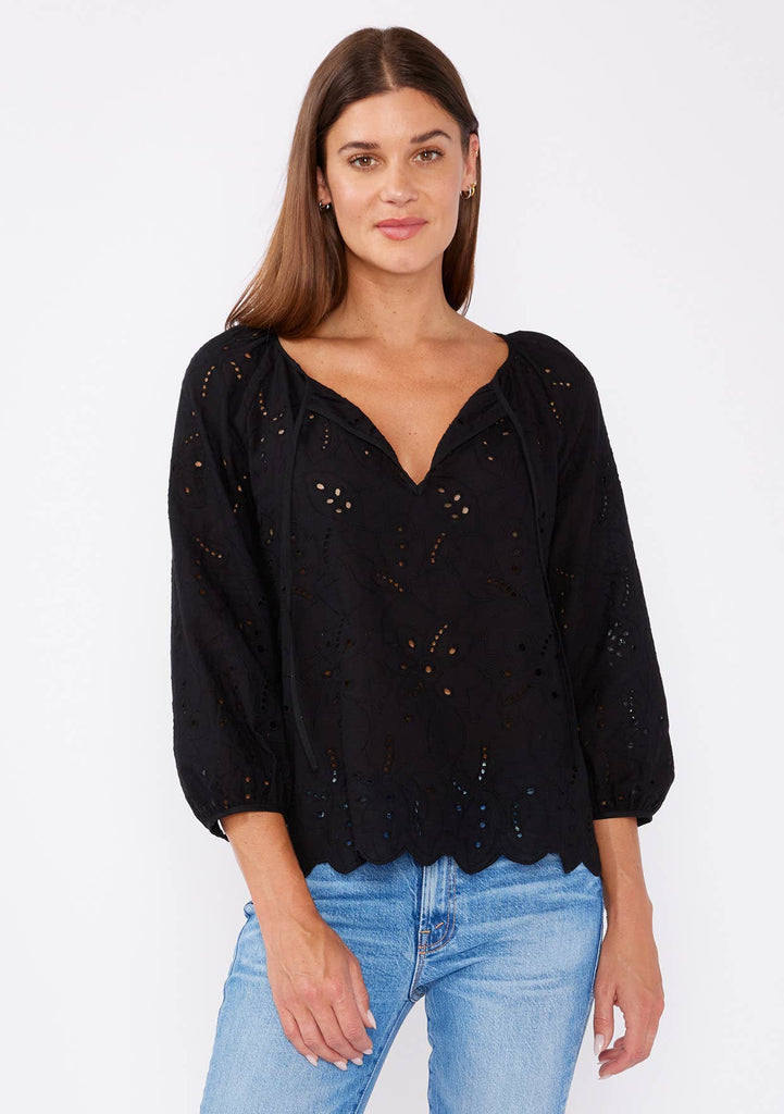 Raglan Long Sleeve Blouse with Floral Eyelet Details: Black