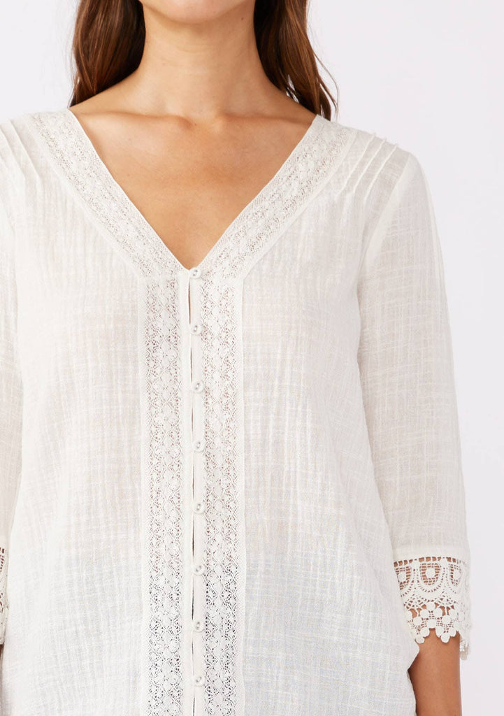 Ellie Sleeve V-Neck Button Down Blouse : Vanilla