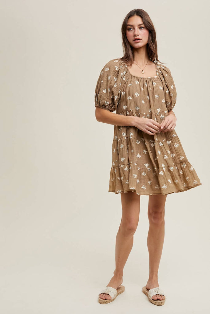 FLORAL EMBROIDERED TIERED MINI DRESS
