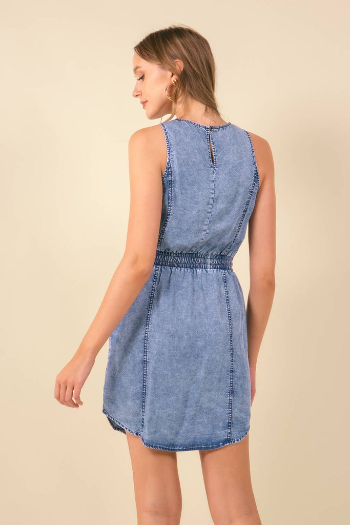 WAIST DRAWSTRING SLEEVELESS DENIM DRESS