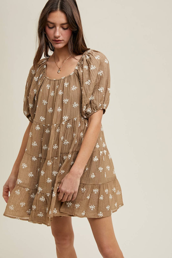 FLORAL EMBROIDERED TIERED MINI DRESS