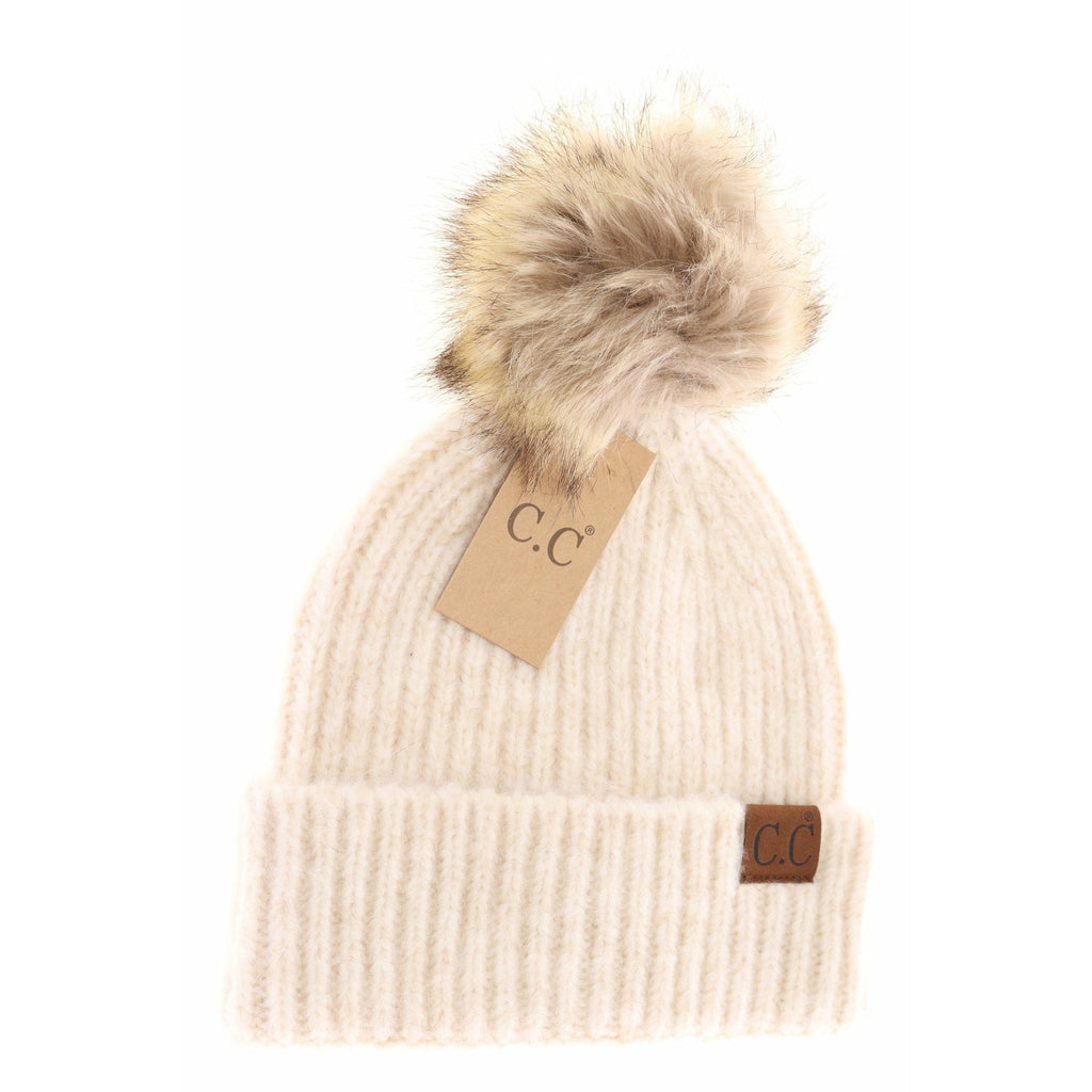 CC BEANIE SOFT RIBBED FUR POM C.C BEANIE