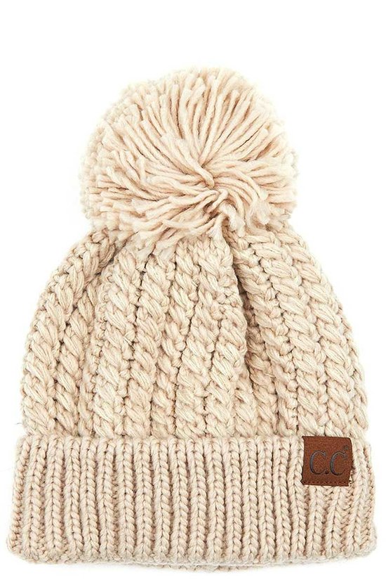 CC Beanie Twisted Mock Cable Beanie Hat with POM BEIGE