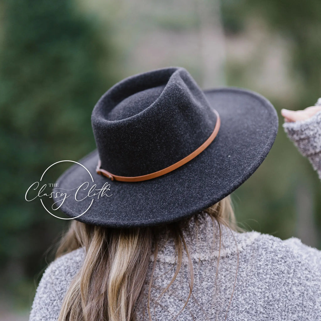 Wool Blend Wide Brim Hat w/ Belt - Black RTS