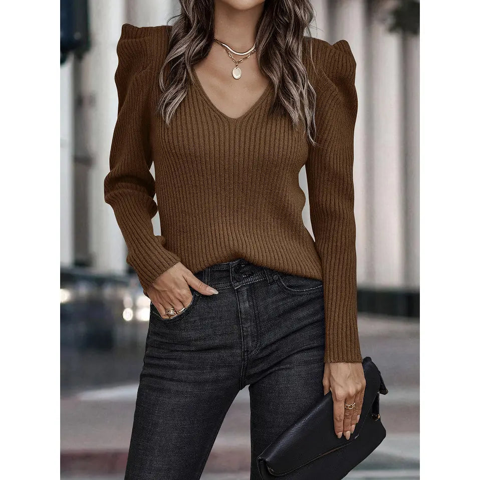 Ribbed Knit Puff Sleeve Sweater Top