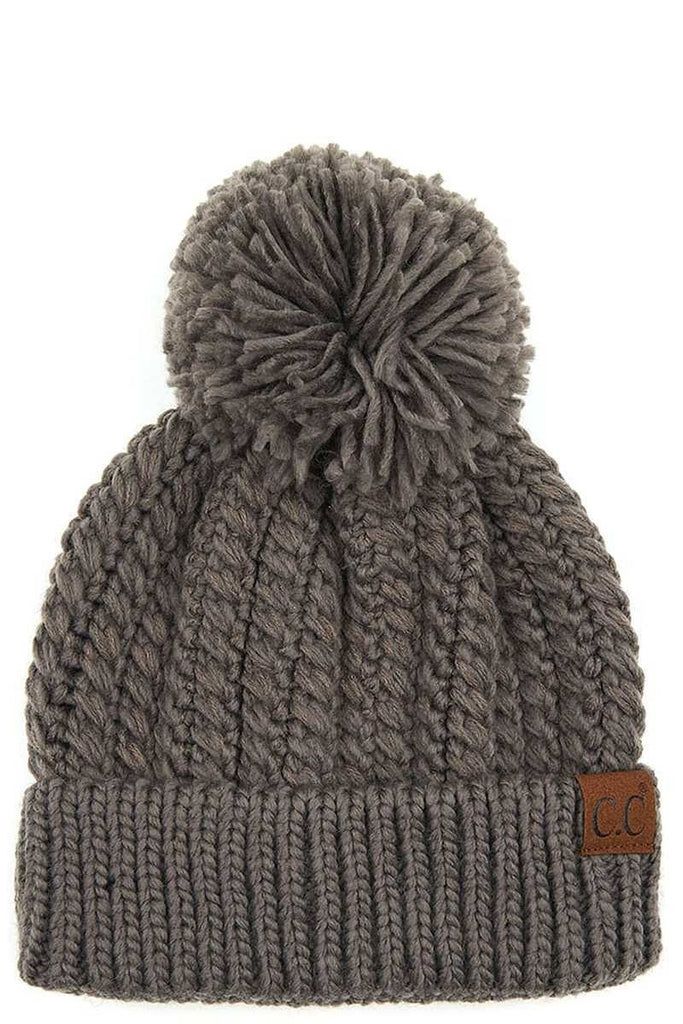 CC Beanie Twisted Mock Cable Beanie Hat with Pom GREY