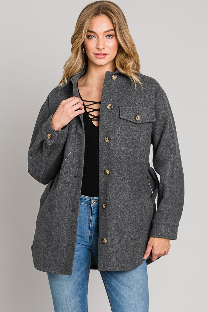 HEYSON Button Down coat with waist belt & pockets Charcoal