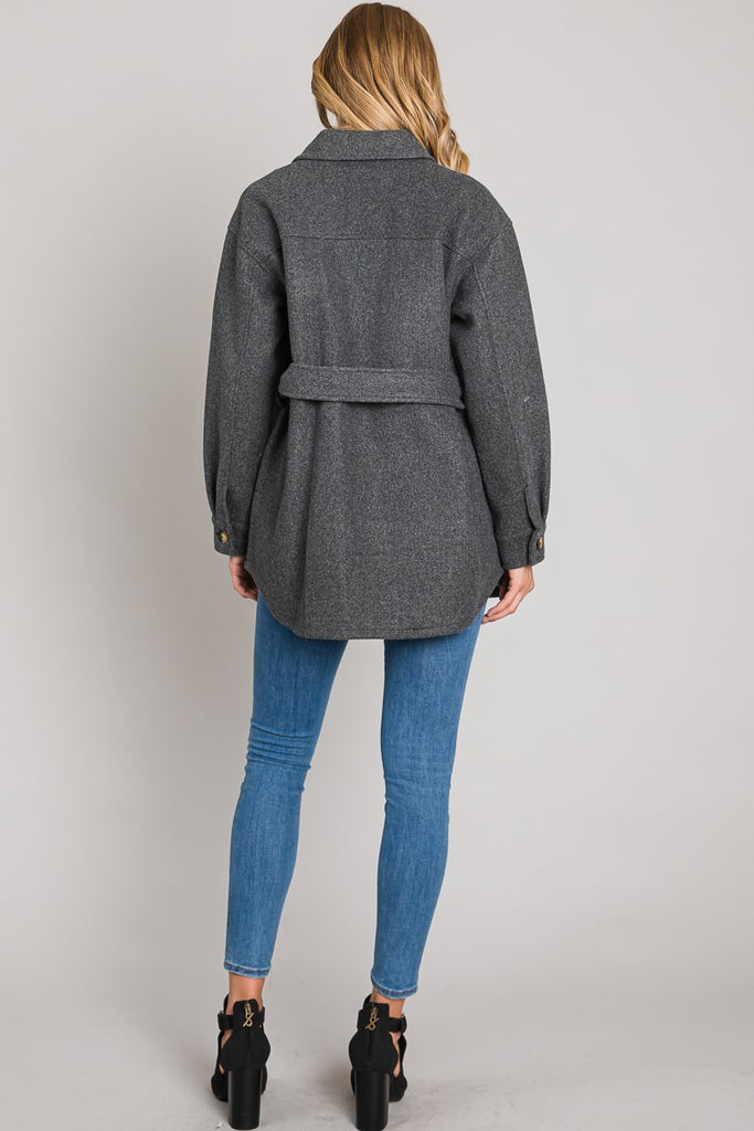 HEYSON Button Down coat with waist belt & pockets Charcoal